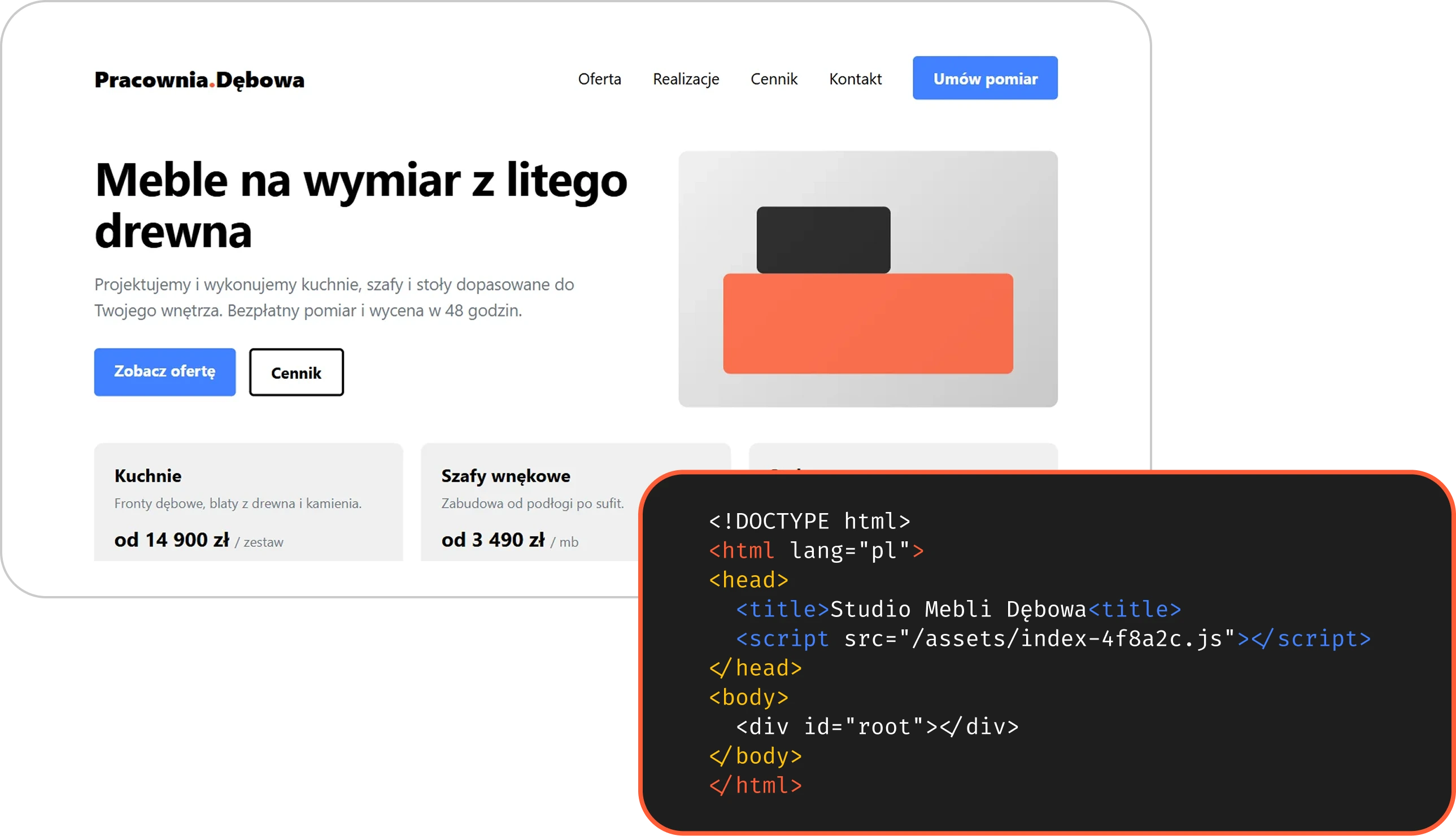 Strona firmy z ofertą i cennikiem, a obok jej kod HTML z pustym kontenerem i skryptem