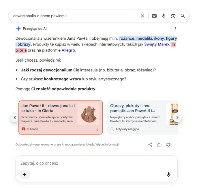 Odpowiedź ChatGPT polecająca In Gloria