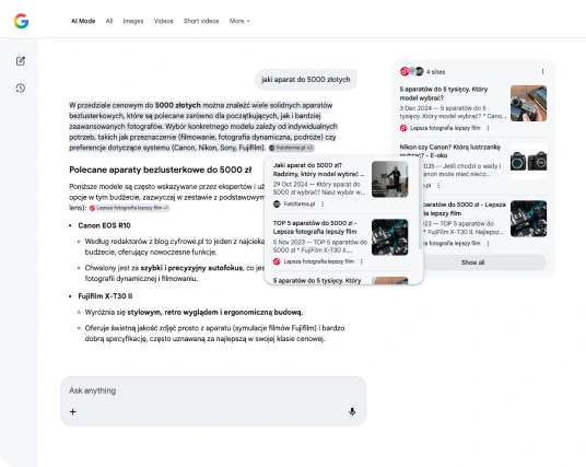 AI Mode w Google poleca artykuł fotoforma.pl w odpowiedzi na pytanie o aparat do 5000 zł